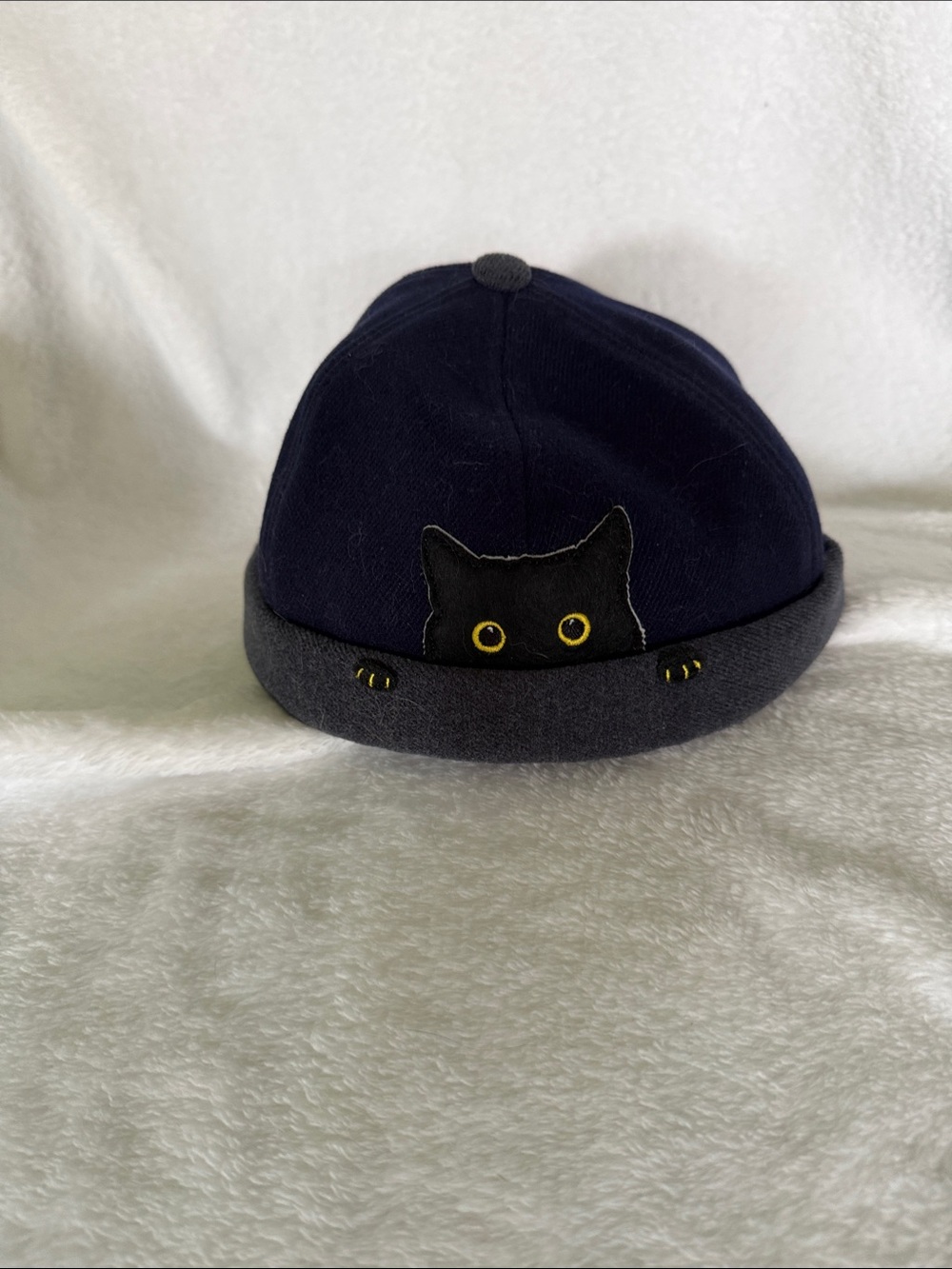 Navy & Charcoal Cat Embroidered Beanie Hat
